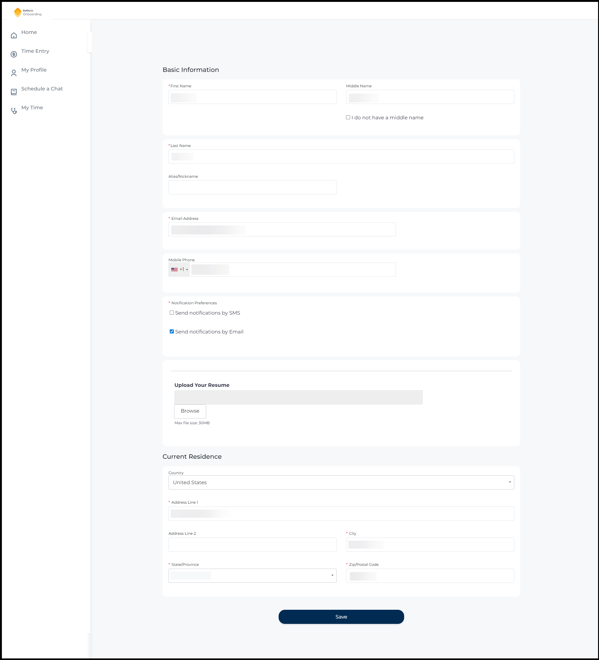 The old Basic Information form showing fields for First Name, Middle Name, Last Name, Alias/Nickname, Email Address, Mobile Phone, Notification Preferences checkboxes, an Upload Your Resume section, and Current Residence address fields.